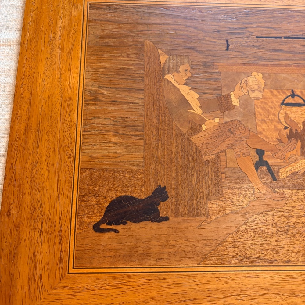 Vintage Wood Inlay Marquetry Art Colonial Tavern Scene Fireplace Cat 21x15 - Picture 2 of 9
